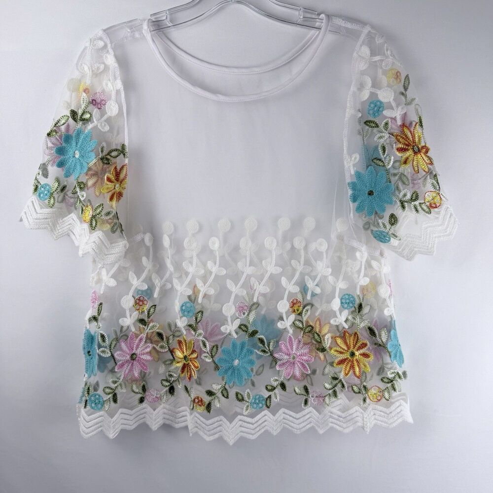 Sheer Floral Embroidered Blouse Layering Romantic Garden Cottage Fairy‎ Sz S*